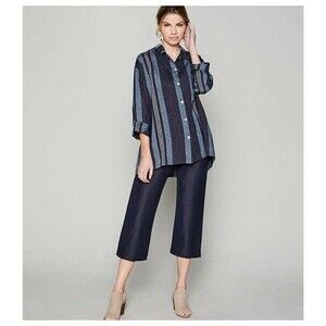 Bryn Walker Mirren Blue Striped Barcelona Lagenlook 100% Linen Shirt Medium